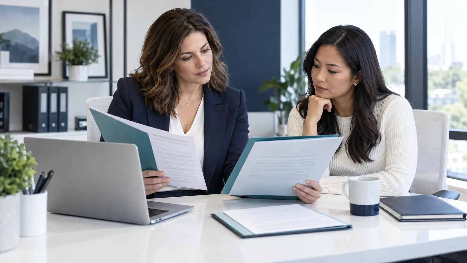 Real estate professionals comparing document folders at an office desk before preparing a closing status update
