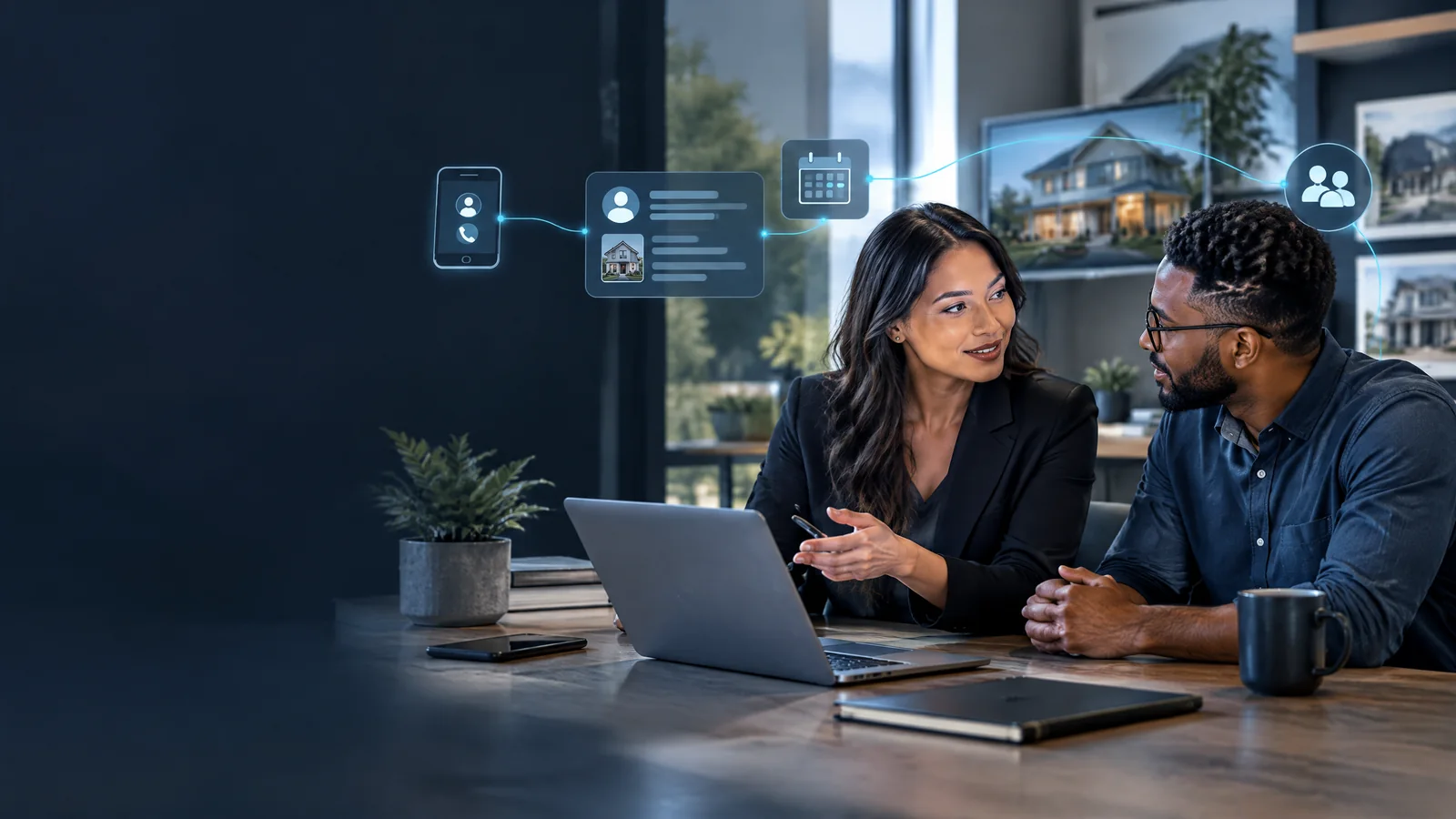 A real estate team reviewing an AI-assisted lead workflow in a modern office
