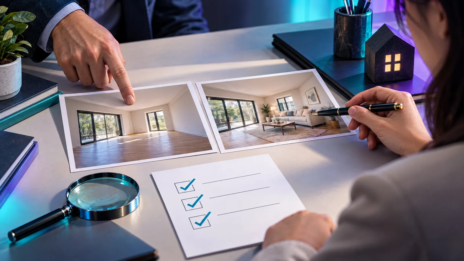 Real estate agent and broker comparing a property image with original source material before approving listing content