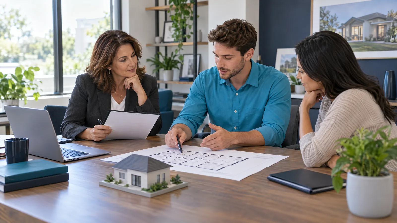 A broker and colleagues reviewing a floorplan during a new real estate agent's supervised practice session