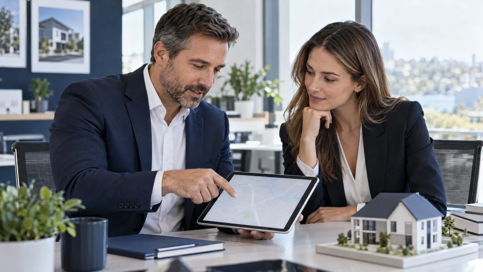 Real estate agent and broker discussing their office location and business information together
