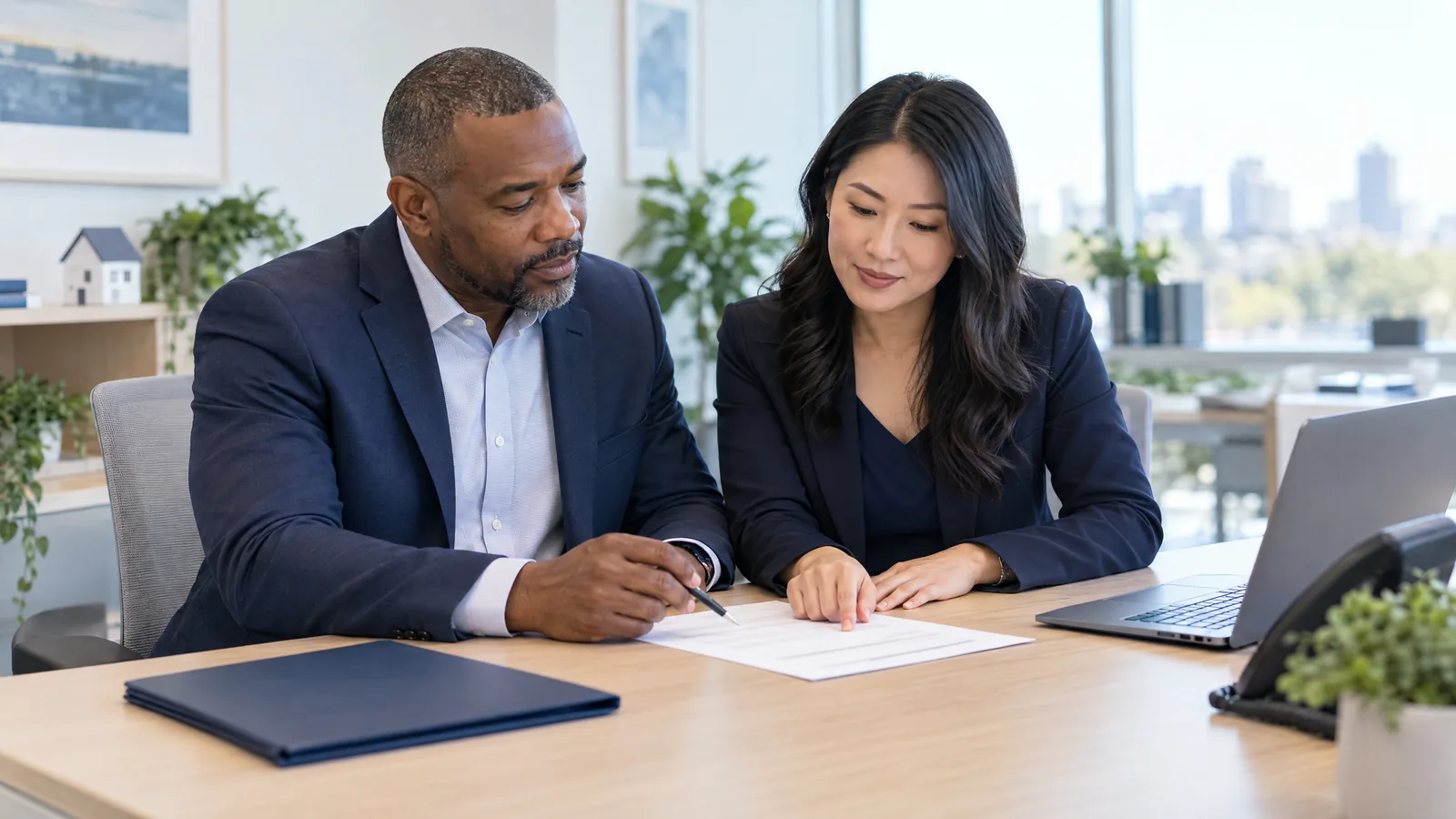 A brokerage operations manager and team lead reviewing a work handover worksheet beside a laptop and desk phone