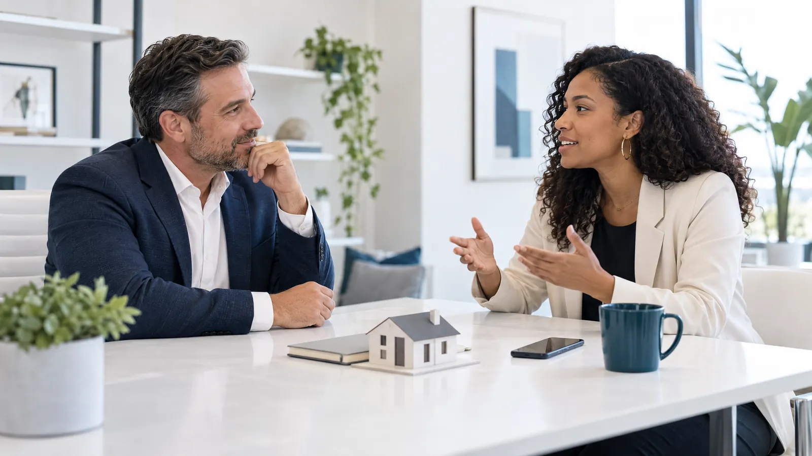 Real estate broker and prospective agent discussing career goals and brokerage support face to face