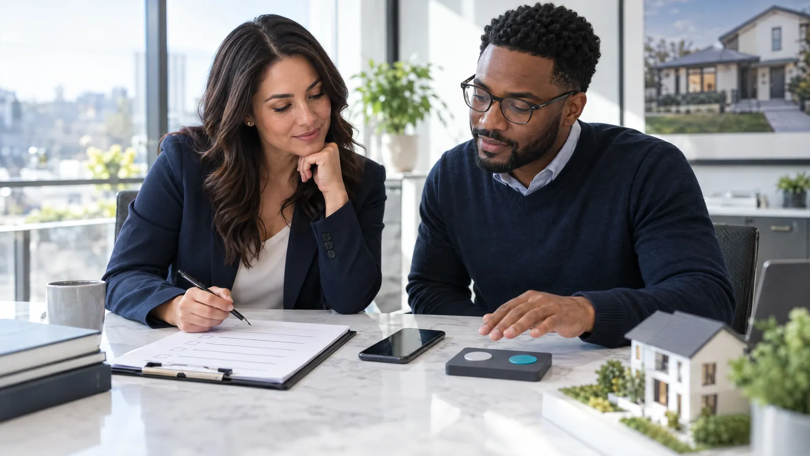 Real estate colleagues reviewing contact permissions and opt-out notes beside a phone before outreach