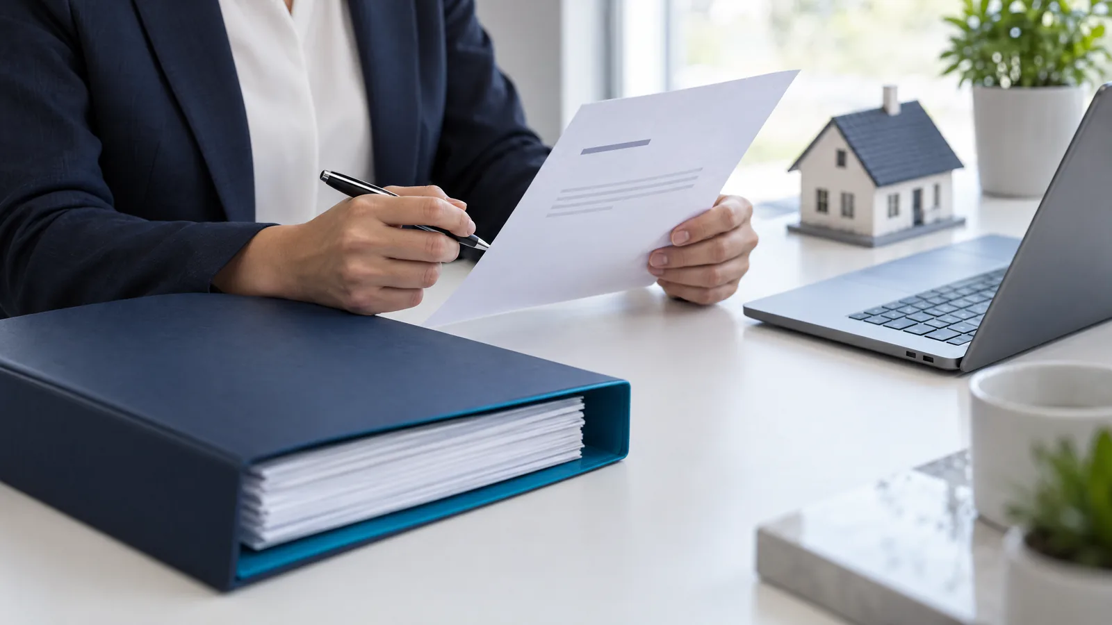 A professional reviewing one short document beside a closed transaction folder and a laptop at a real estate office desk