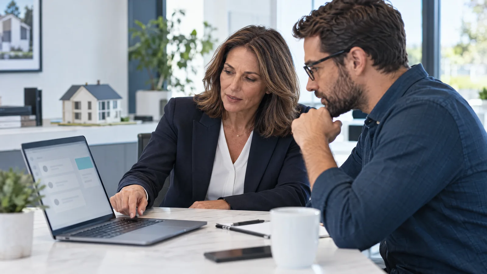 A broker and technical colleague reviewing incoming-message handling on a laptop in a brokerage office