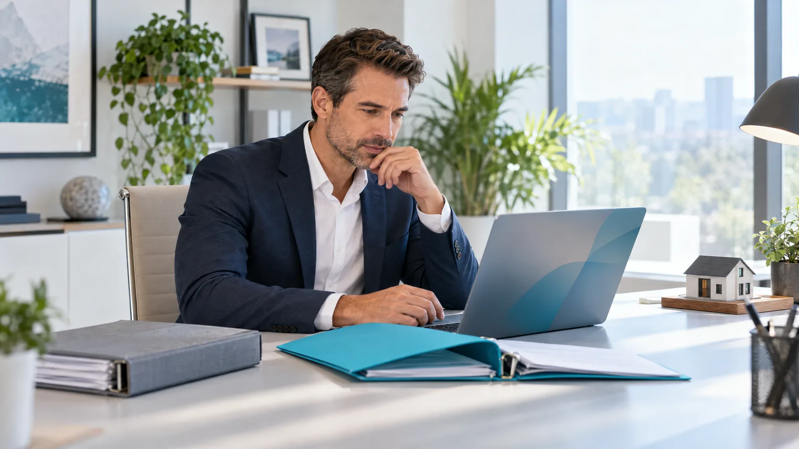 A broker comparing source documents beside a laptop before approving current property information