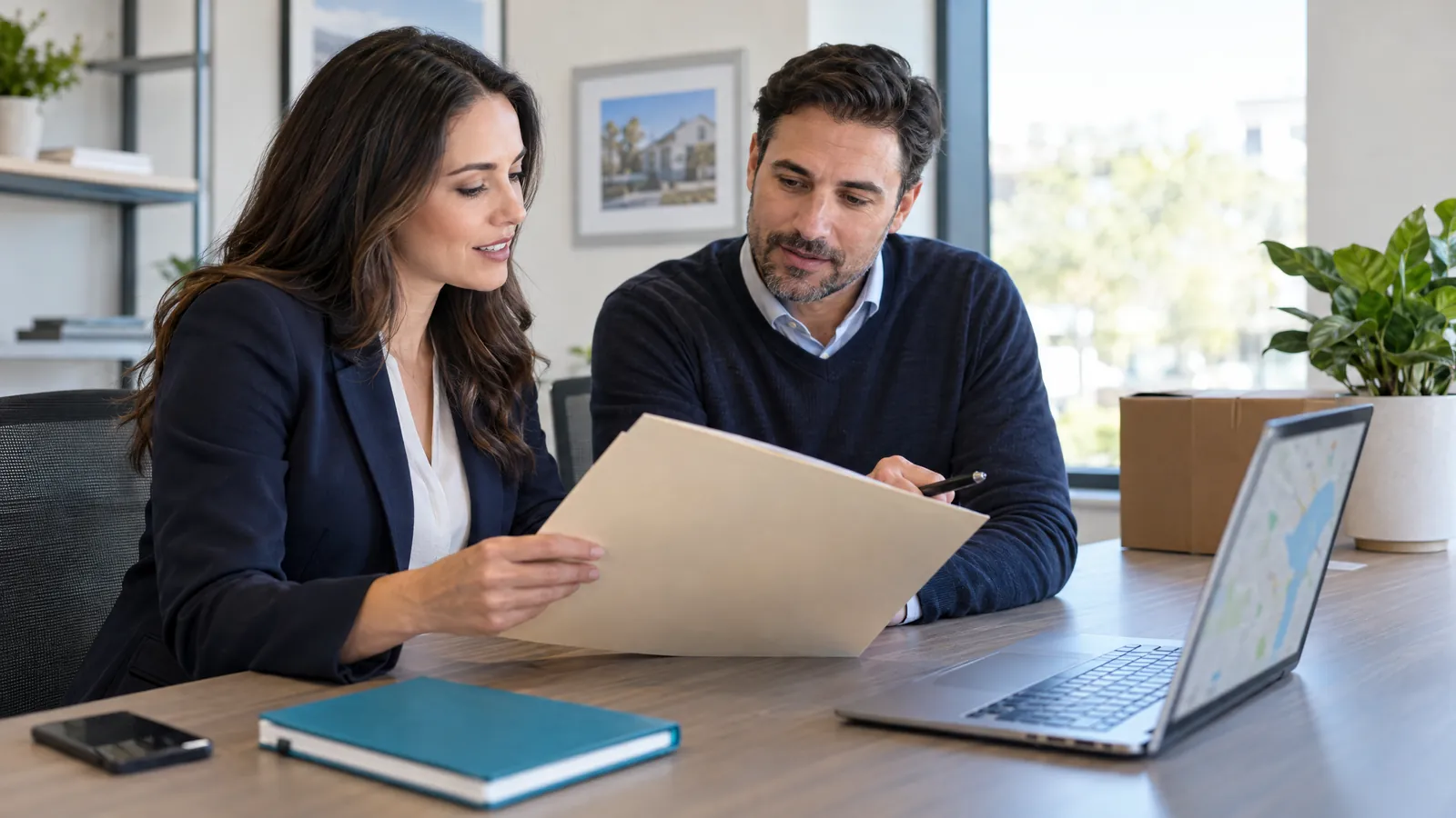 Real estate agent and colleague reviewing business information at a desk with an office moving box nearby