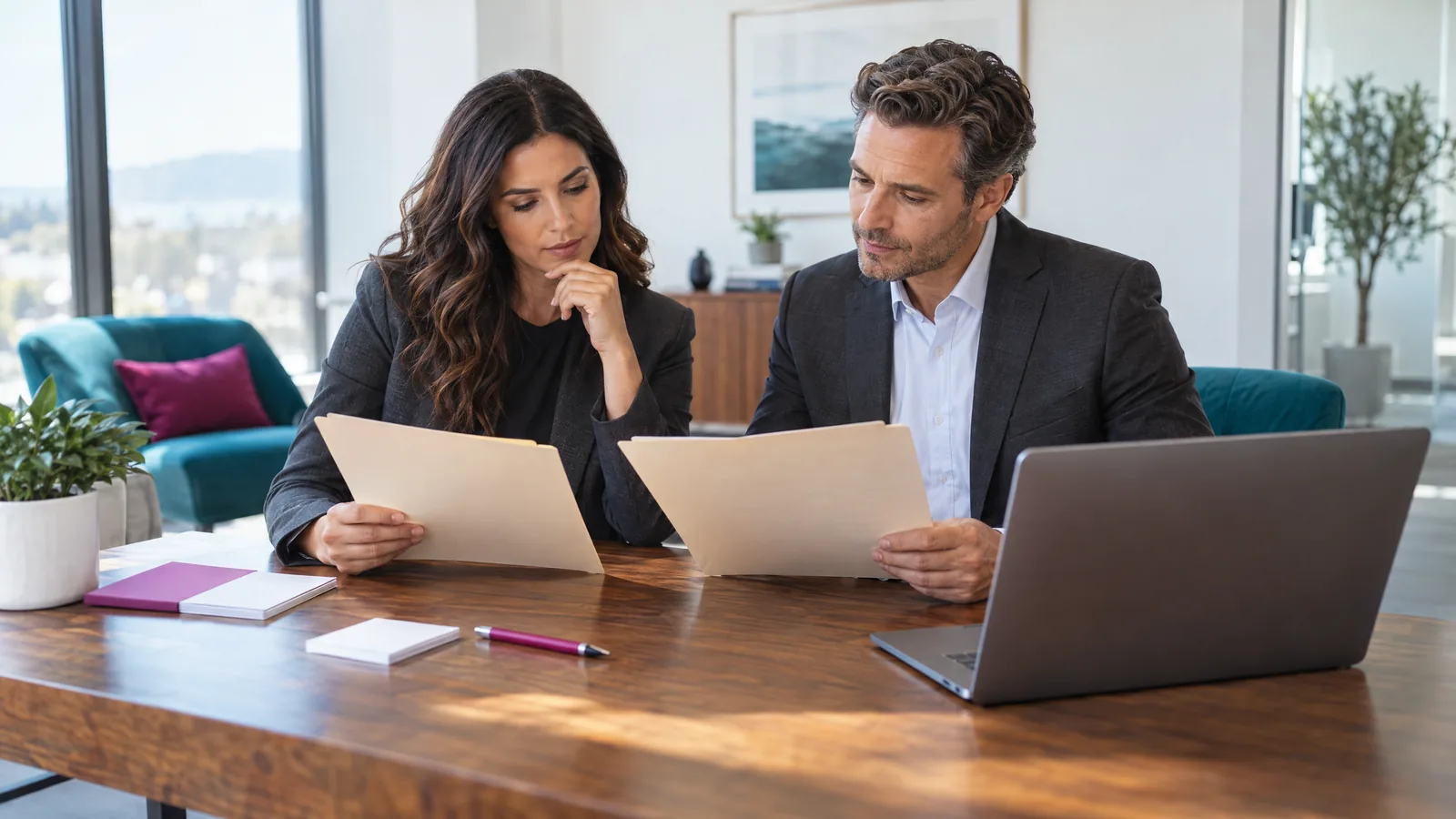 A broker and operations manager reviewing two separate contact folders beside a laptop before deciding whether records belong to the same person