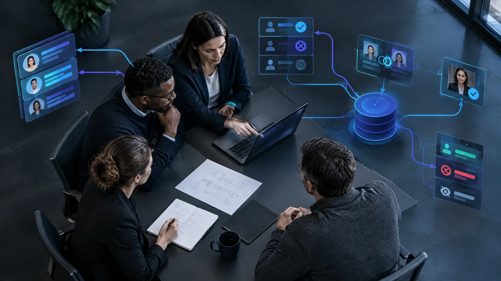 Real estate operations team reviewing CRM data permissions and human approval workflows before connecting AI