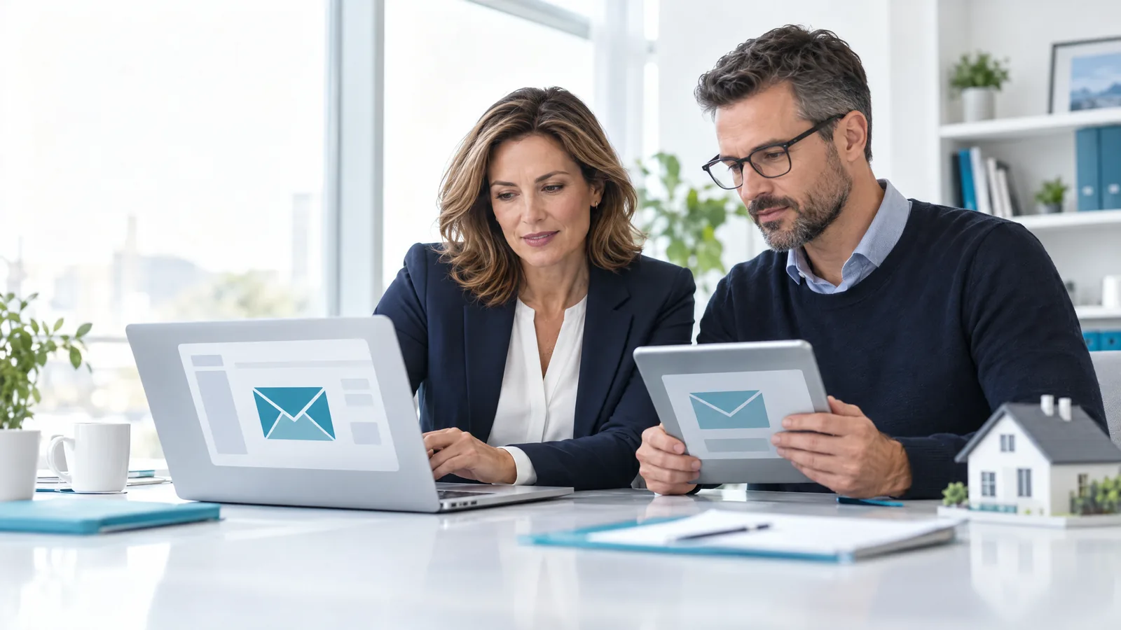 A real estate operations manager and IT administrator comparing a laptop and tablet while reviewing an email sending setup in a brokerage office