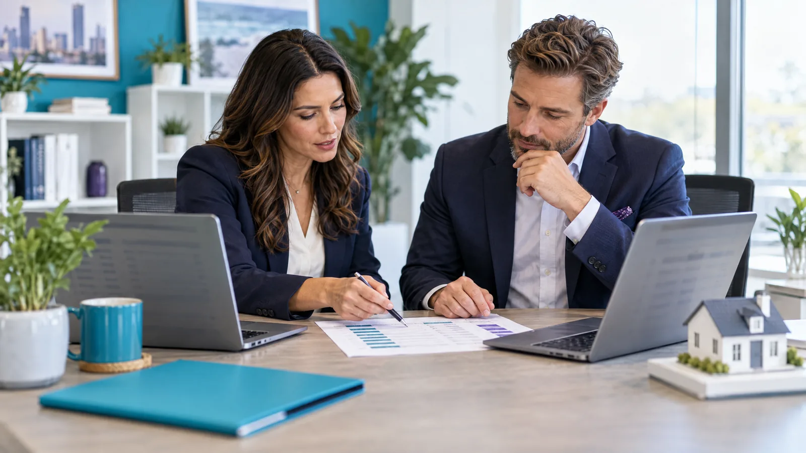 A real estate operations lead and broker comparing a worksheet with laptops before approving a CRM data migration