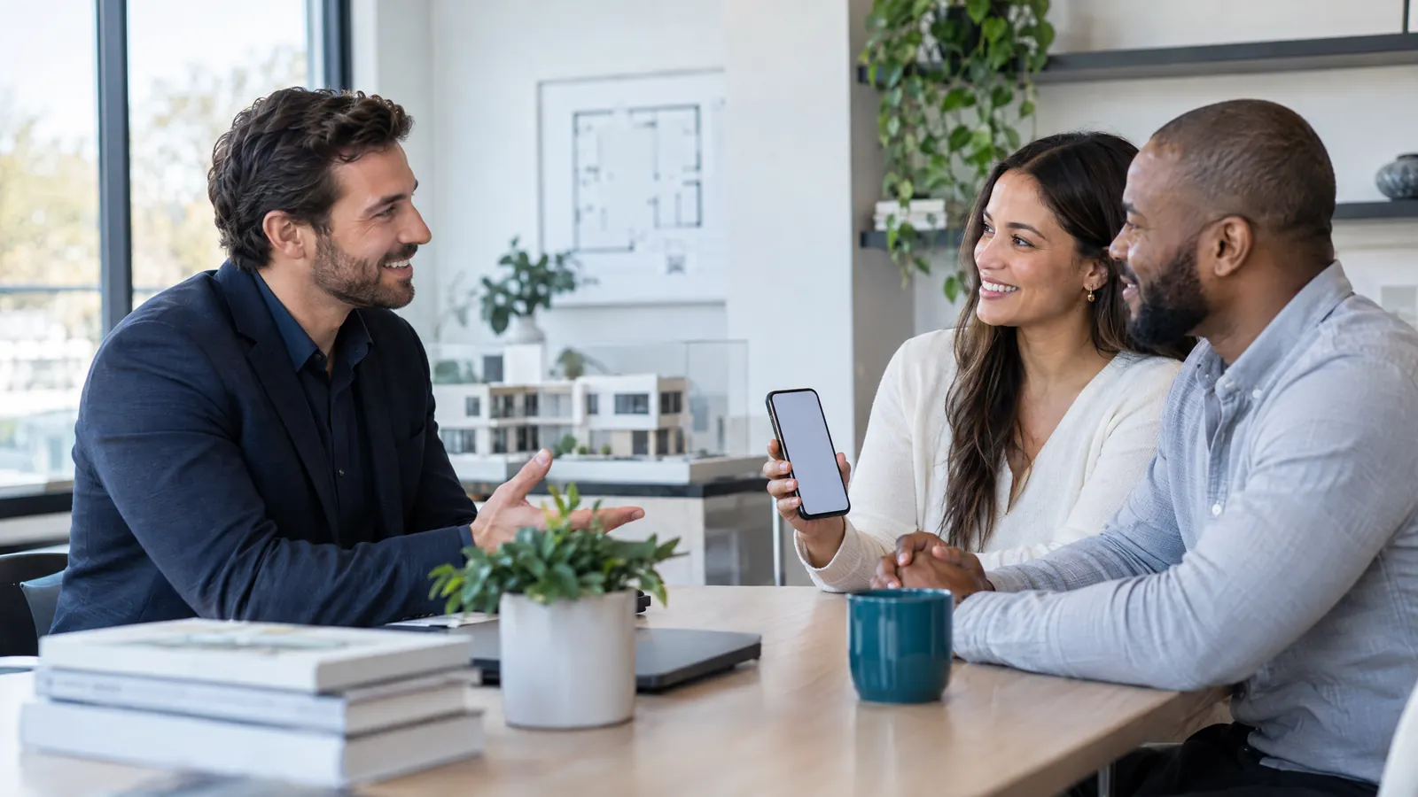 Real estate professional speaking with two clients in an office as a client holds a phone with a blank screen