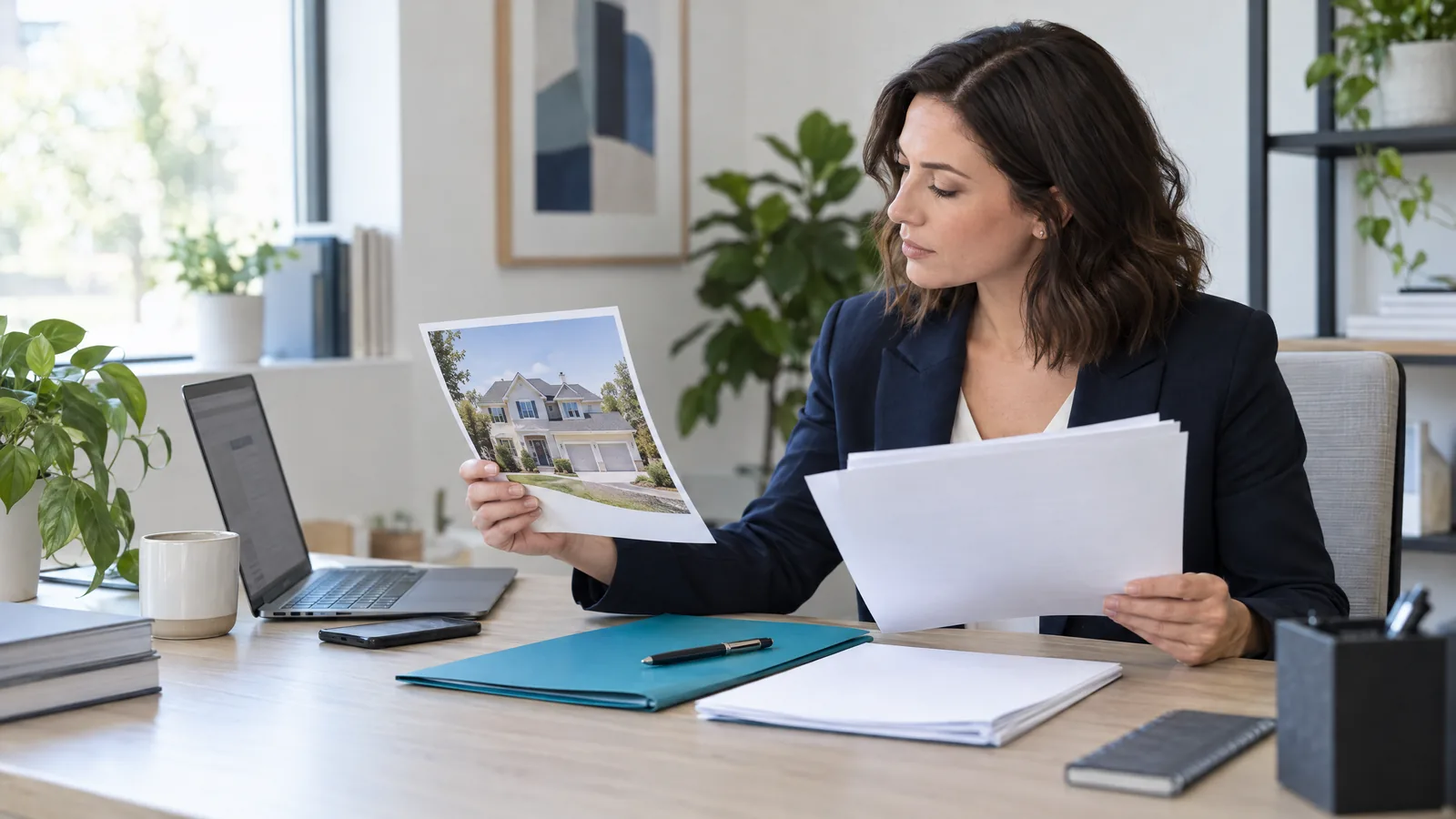 A listing agent comparing a property photograph and report pages at a desk before preparing a seller update